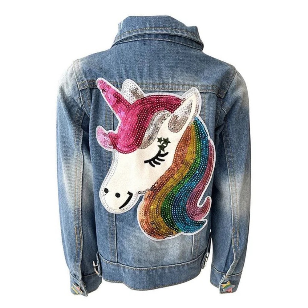 Lola + the Boys denim/jean jacket size 6 with rainbow rhinestone buttons.